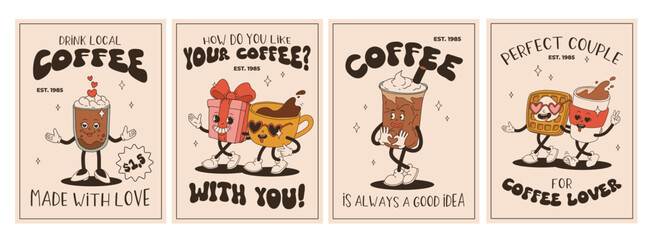 Valentine's Day set of vintage characters. Happy and cheerful retro. Old animation 50s, 60s 70s, groovy cartoon characters of coffee and sweets, donut, cupcake, espresso, latte, cocoa, cake. present.