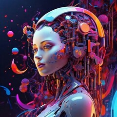 Artificial Intelligence and Future World colorful and magical looking female robot.