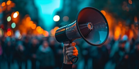 A person holding a megaphone at a protest with a crowd in the background.