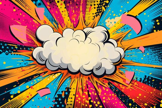 Colorful pop art explosion with comic book style speech bubbles and onomatopoeic words.