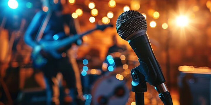 Close up of a microphone on a stand at a live music concert with a guitarist and drummer in the background.