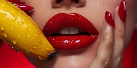 Close up of red lips with red nail polish holding a banana on a red background.