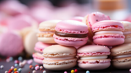 Fototapeta premium Macaroons cakes in pink and beige colors