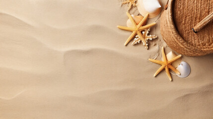 Fototapeta na wymiar Straw bag flip flops starfish