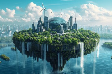 Futuristic floating island with renewable energy sources and urban buildings. - obrazy, fototapety, plakaty