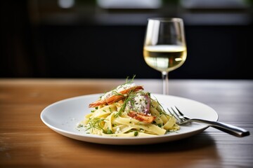 fettuccine alfredo plated with a glass of white wine