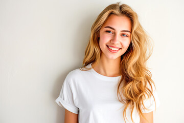 Portrait of a beautiful blond smiling woman with casual clothing and jeans photography studio, white background 