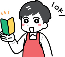 初心者マークを持つ男性レジスタッフ