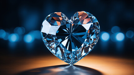 Blue heart shaped diamond, on a blurred dark background. Valentin's Day concept