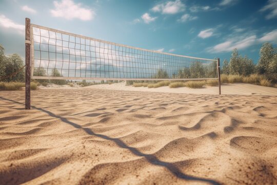 Volleyball net sandy match territory. Outdoor recreational volley resort location. Generate ai