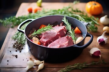 boeuf bourguignon in a cast iron pot with herbs