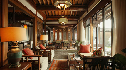 Fototapeta na wymiar Elegant and comfortable home & hotel bedroom interior with Bath crock. Chinese style. Ai Generative