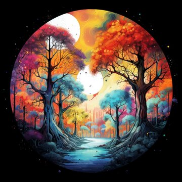 inside round moon colorful trees image Generative AI