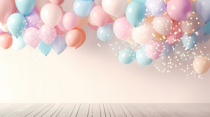 Children's birthday background with many balloons in pastel tones