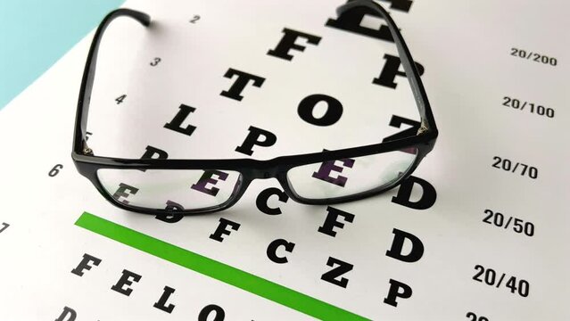 Eye test chart and glasses on blue background