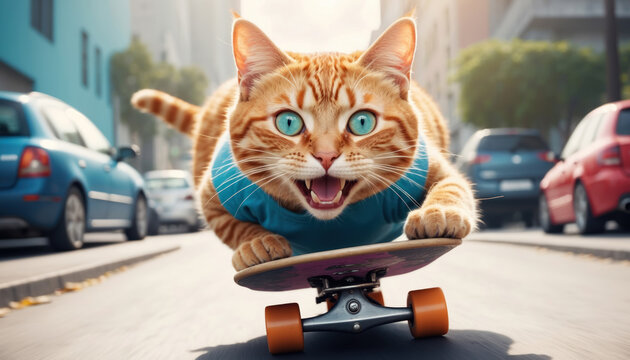 Smiling happy cat driving skateboard. AI generated
