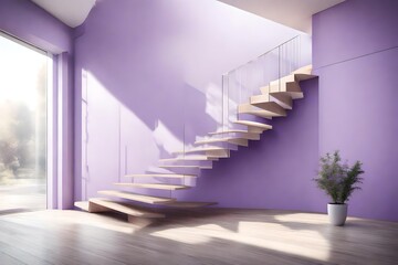 Sunlit minimalist floating staircase in a tranquil lavender interior, casting soft shadows in a modern living space filled with natural light.