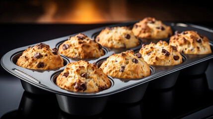 Golden-brown chocolate chip muffins right out of the oven, displayed in a non-stick muffin tray with a dark background.