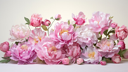 A lush arrangement of pink peonies in full bloom, showcasing beauty and romance on a subtle backdrop.