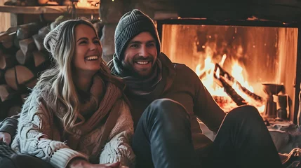 Poster Couple in love laughing and chatting by the fireplace on a cold evening © Taisiia