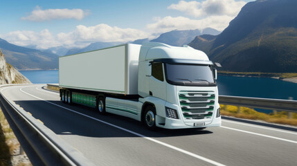 White semi-trailer truck driving on a coastal road with mountainous backdrop under a clear sky.