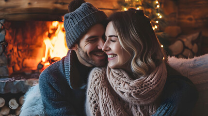 Couple in love sits by the fireplace and enjoys communication