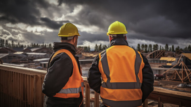 Two construction workers in high-visibility vests are thoughtfully surveying a construction site, under a dramatic sky.