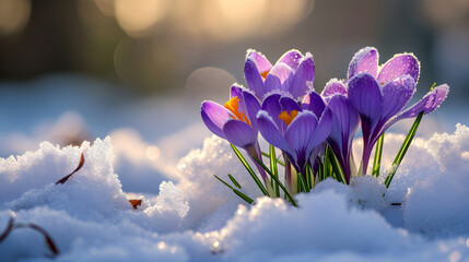 Bright cute lilac spring crocuses in the snow on a mountainous area
