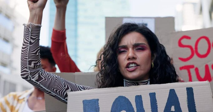 Protest, peace and group in a city, posters and equal rights with justice, Palestine and cardboard. Students, men and women with support, march and change with community, South Africa and screaming