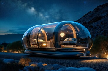 Modern cabin on wheels with transparent windows and wooden cladding, AI-generated.