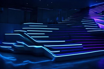 A futuristic staircase with LED-lit steps, creating a stunning contrast in a high-tech living room filled with cutting-edge gadgets.
