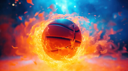 Obraz na płótnie Canvas A basketball engulfed in flames, capturing a powerful and dynamic moment of energy and motion.