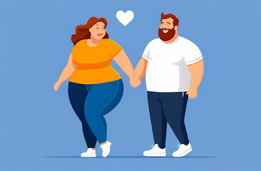 Cute chubby couple walking with holding their hands and looking at each other flat design image. Couple in romantic relationship. Happy Fat chubby chunky plus-size woman and man