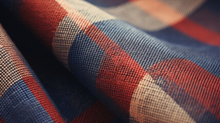 Macro shot of plaid fabric with a detailed blue and red pattern, showing texture and textile quality. - 712986159