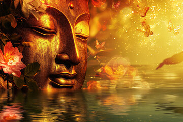 a big glowing golden buddha face with glowing nature background, multicolor flowers, birds, butterflies