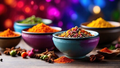 Bowls with colourful spice decoration - obrazy, fototapety, plakaty
