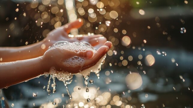 Little Kid Hands Wash With Soap Bubbles And Rinse With Clean Water To Prevent And Stop The Spread Of Germs After Back To Home, Virus Or Covid19. Good Health And Good Personal Hygiene, Virus, Bacteria