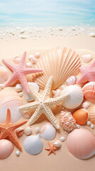 Fototapeta na wymiar Assorted seashells and starfish arranged on a sandy beach with a blurred ocean background.