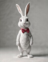 A white rabbit with a red bow tie stands upright on gray flooring.