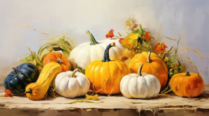 Oil painting capturing the rich tones and textures of an autumn harvest, featuring pumpkins and vibrant flowers.