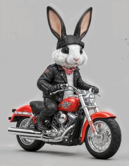 A white and black bunny dressed in a leather jacket and sunglasses is riding a red motorcycle.