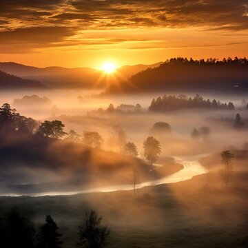 Misty nice morning sunrise images Generative AI