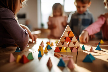 Children engage in play with colorful wooden blocks, building a pyramid structure on a table in the...