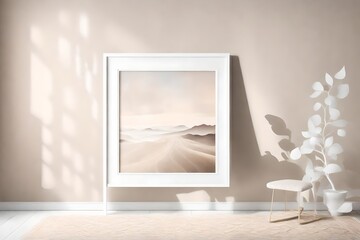 Shadows and light weave a captivating tale on a simple mockup, revealing a stunning design within a white frame against a calming solid color backdrop.