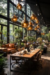 Obraz premium Company's physical office space transformed into a collaborative hub for employees to connect and work together on hybrid workdays, Generative AI