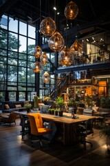 Fototapeta premium Company's physical office space transformed into a collaborative hub for employees to connect and work together on hybrid workdays, Generative AI
