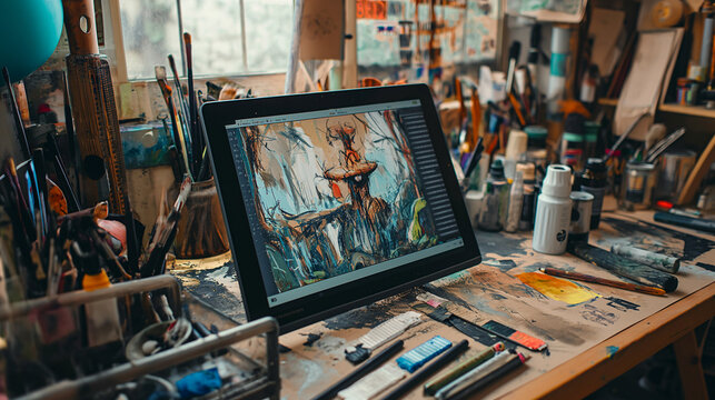 Grafik Tablet bei einem Künstler als Inspiration im Künstler Atelier und Steigerung der Kreativität im künstlerischen Prozess Generative AI