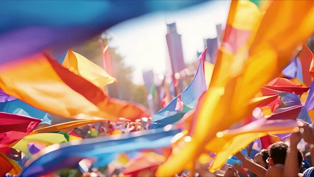 Closeup of a sea of colorful flags fluttering in the breeze at a cultural parade.