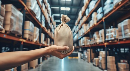 A hand holds a bag of money in front of a background image of a shelf inside a warehouse.