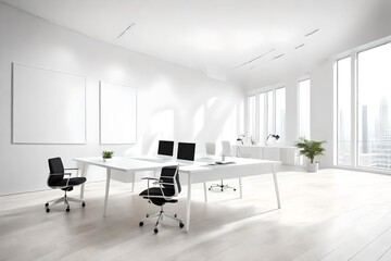 An airy modern office featuring an empty white frame on a pristine white wall, creating an atmosphere of simplicity and sophistication.